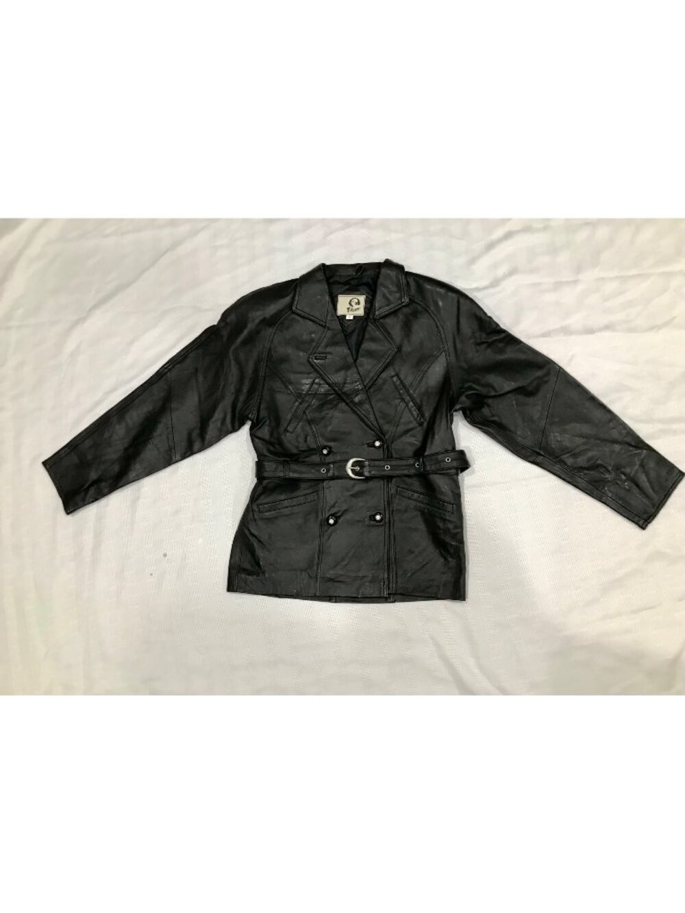 Telina Womens Black Leather Double-Breasted Jacket W/Belt Medium